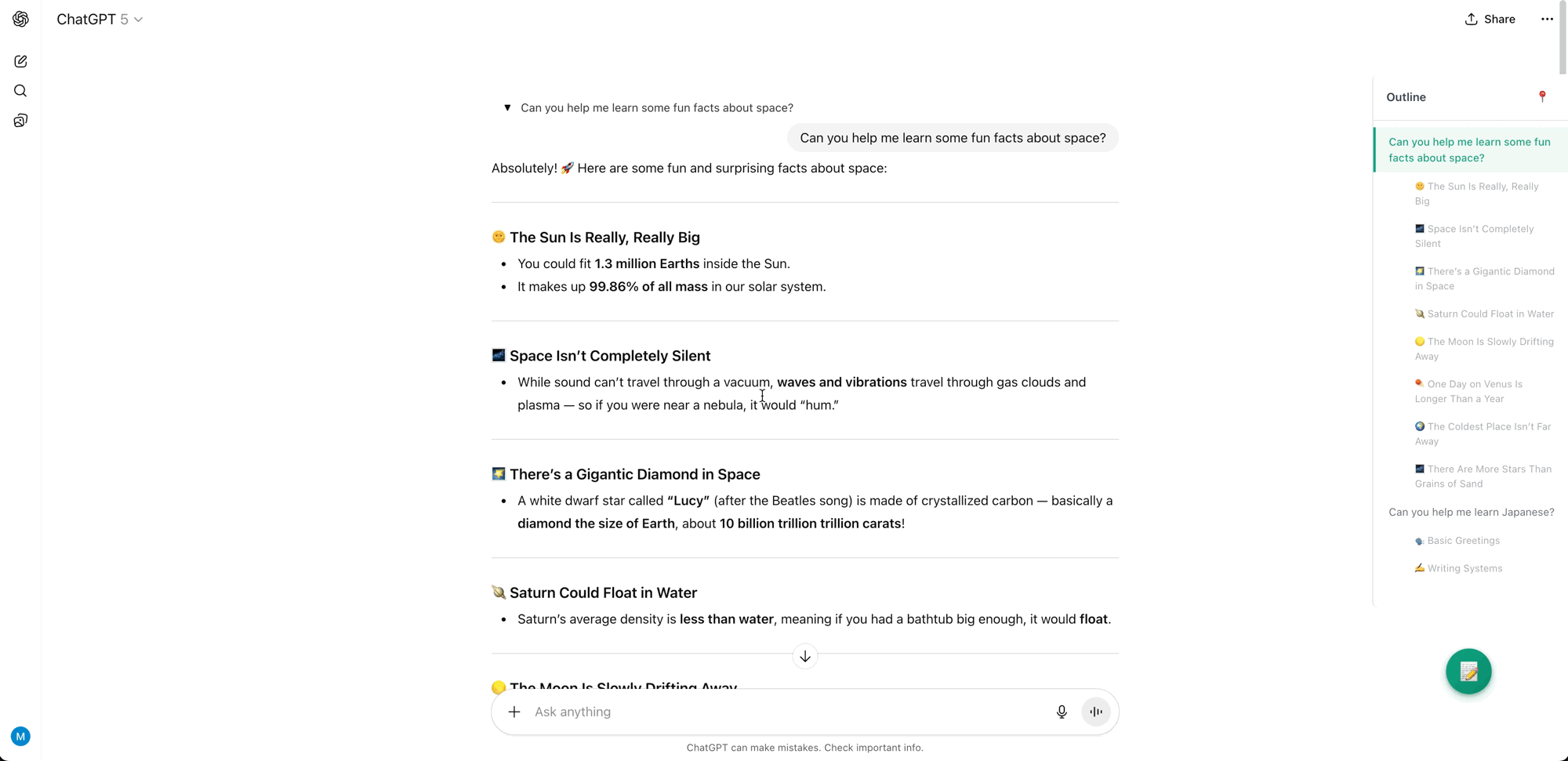 Chat Collapse in action - showing outline sidebar and collapsed Q&A pairs